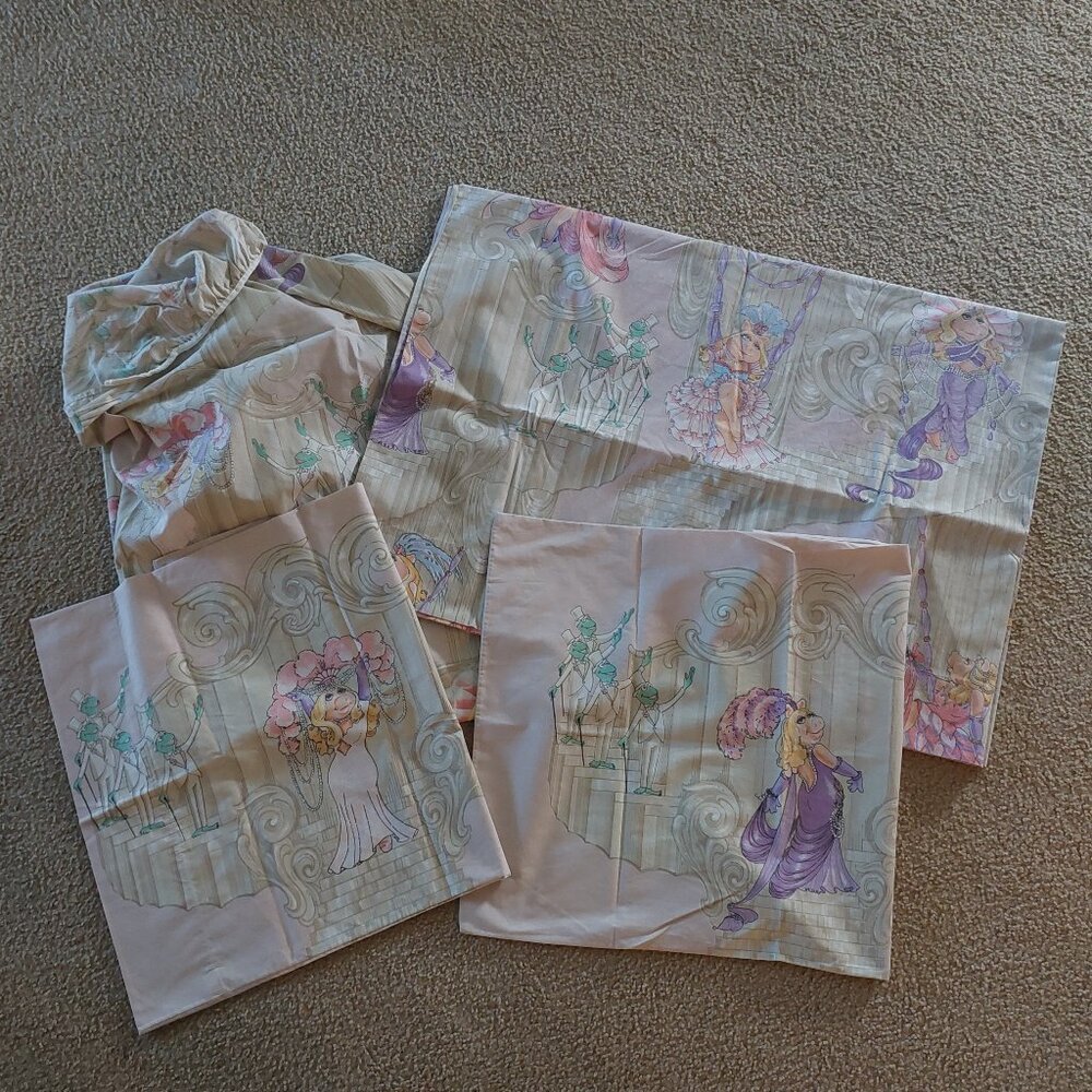 HTF Vintage 1980 Henson Muppets Miss Piggy & Kermit 4 pc TWIN Sheet Set USA Made